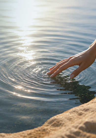A hand touching the surface of the water